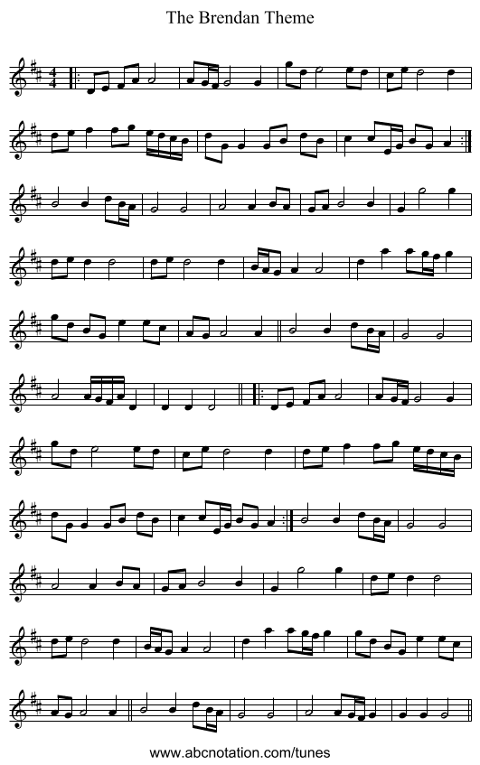 The Brendan Theme - staff notation