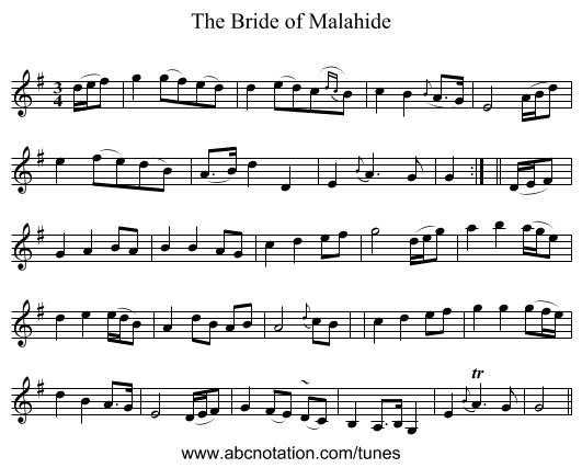 The Bride of Malahide - staff notation
