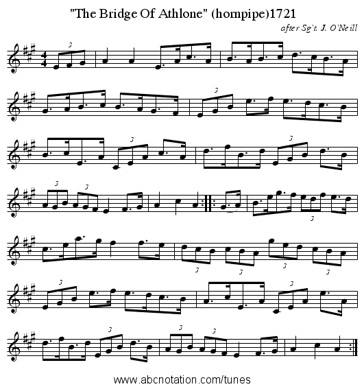 The Bridge Of Athlone (hornpipe)1721 - staff notation