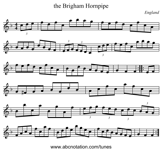 the Brigham Hornpipe - staff notation