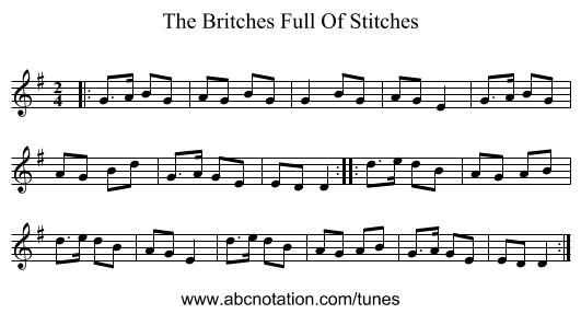 The Britches Full Of Stitches - staff notation