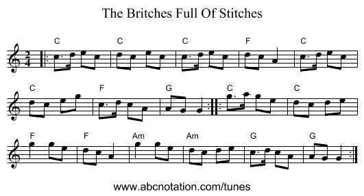 The Britches Full Of Stitches - staff notation