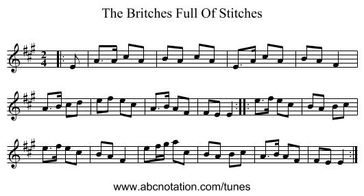 The Britches Full Of Stitches - staff notation
