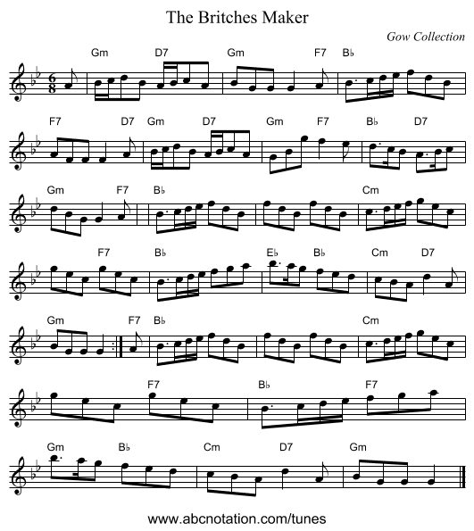 The Britches Maker - staff notation