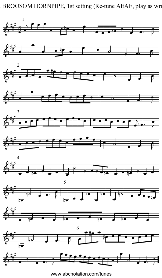 THE BROOSOM HORNPIPE, 1st setting (Re-tune AEAE, play as written) - staff notation