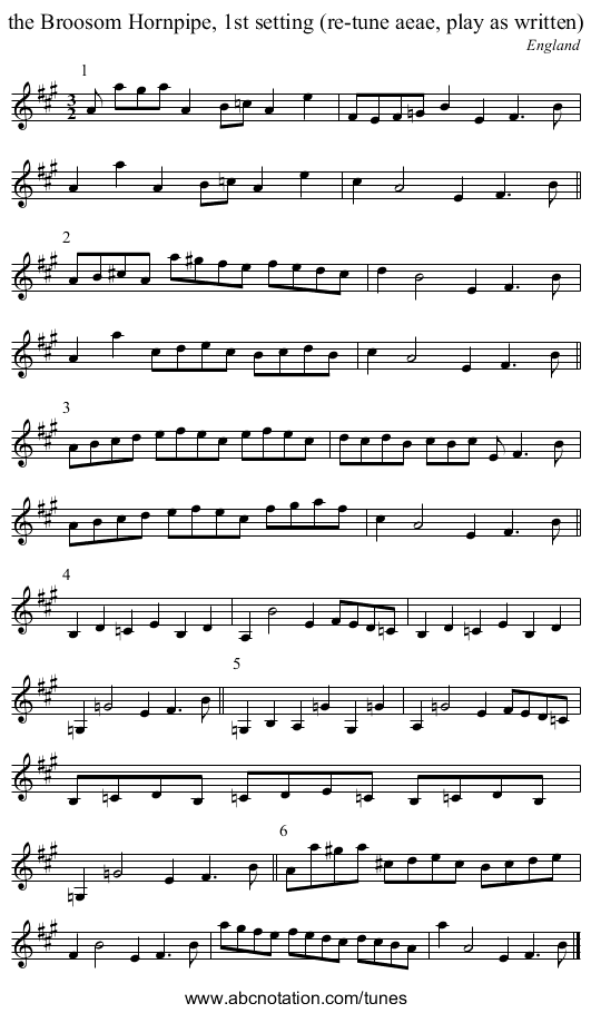 the Broosom Hornpipe, 1st setting (re-tune aeae, play as written) - staff notation