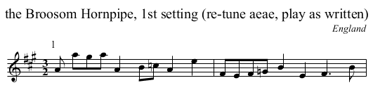 the Broosom Hornpipe, 1st setting (re-tune aeae, play as written) - staff notation