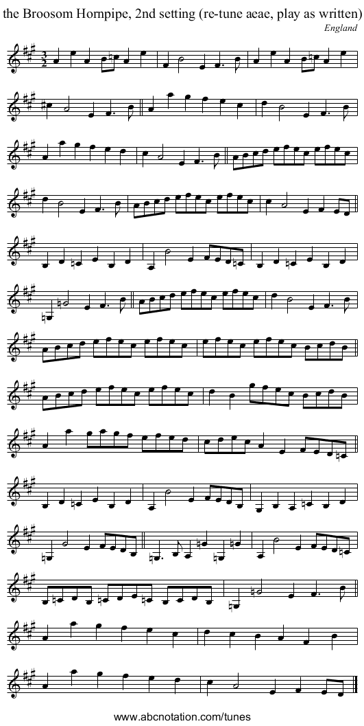 the Broosom Hornpipe, 2nd setting (re-tune aeae, play as written) - staff notation