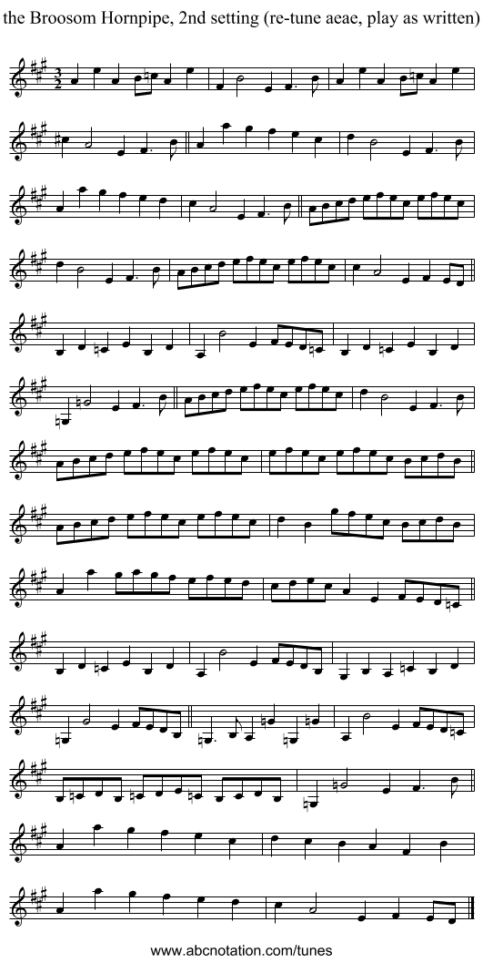 the Broosom Hornpipe, 2nd setting (re-tune aeae, play as written) - staff notation