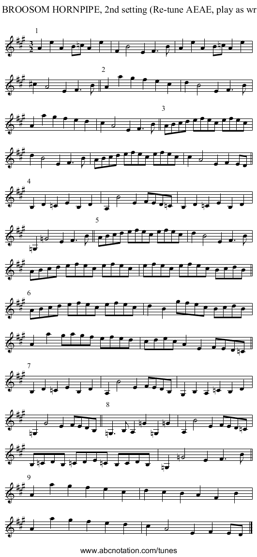 THE BROOSOM HORNPIPE, 2nd setting (Re-tune AEAE, play as written) - staff notation