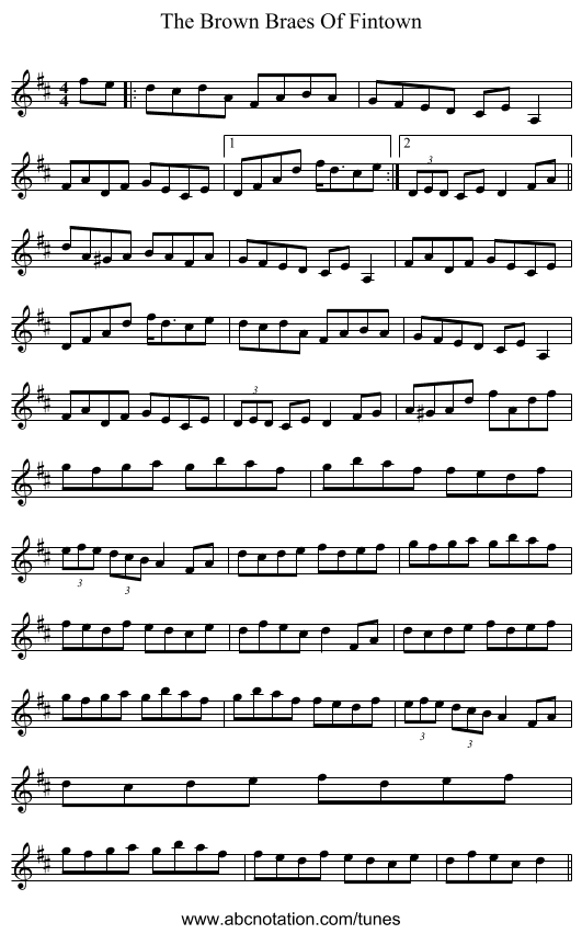 The Brown Braes Of Fintown - staff notation