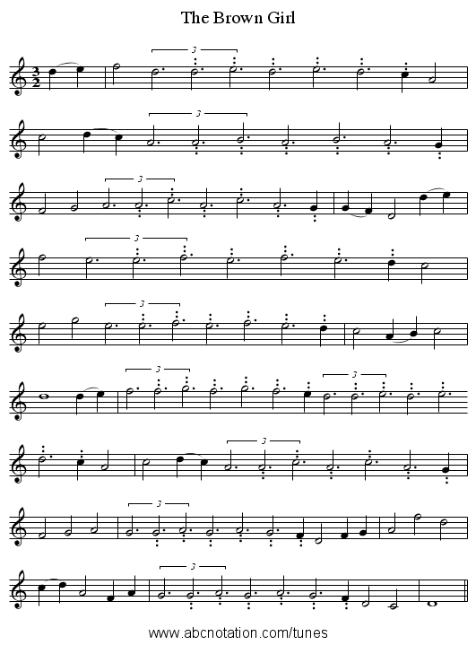 The Brown Girl - staff notation