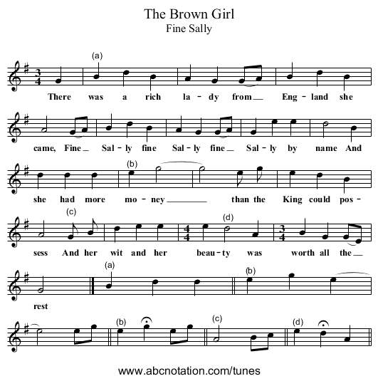 The Brown Girl - staff notation