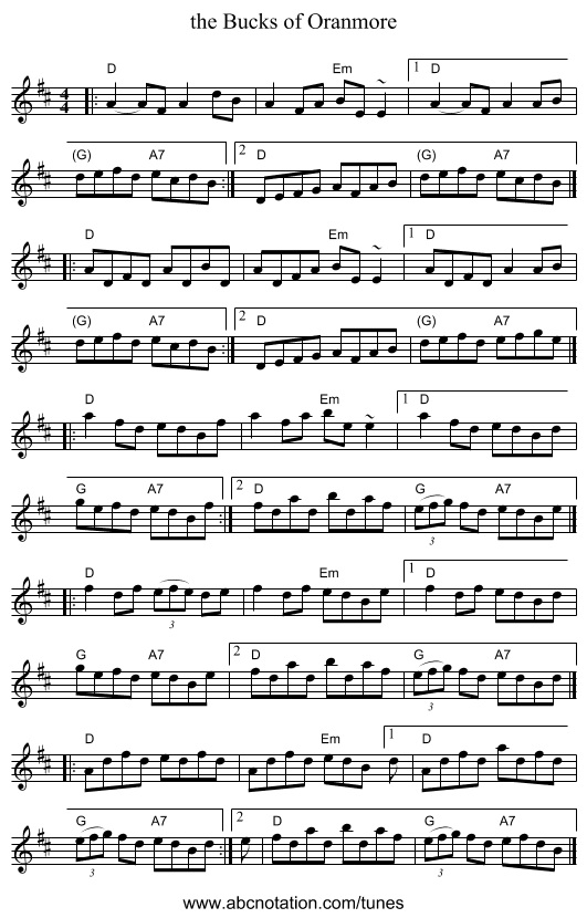 the Bucks of Oranmore - staff notation