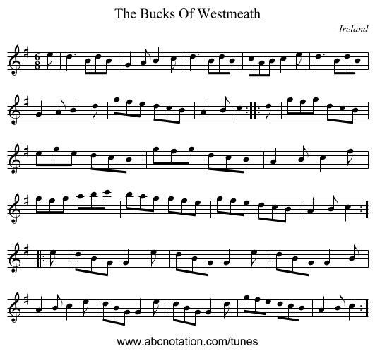 The Bucks Of Westmeath - staff notation