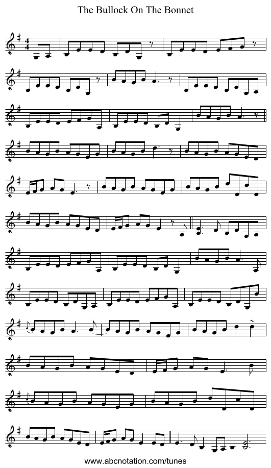 The Bullock On The Bonnet - staff notation