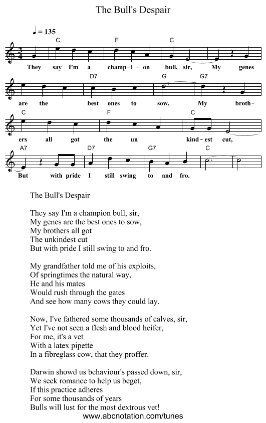 The Bull's Despair - staff notation