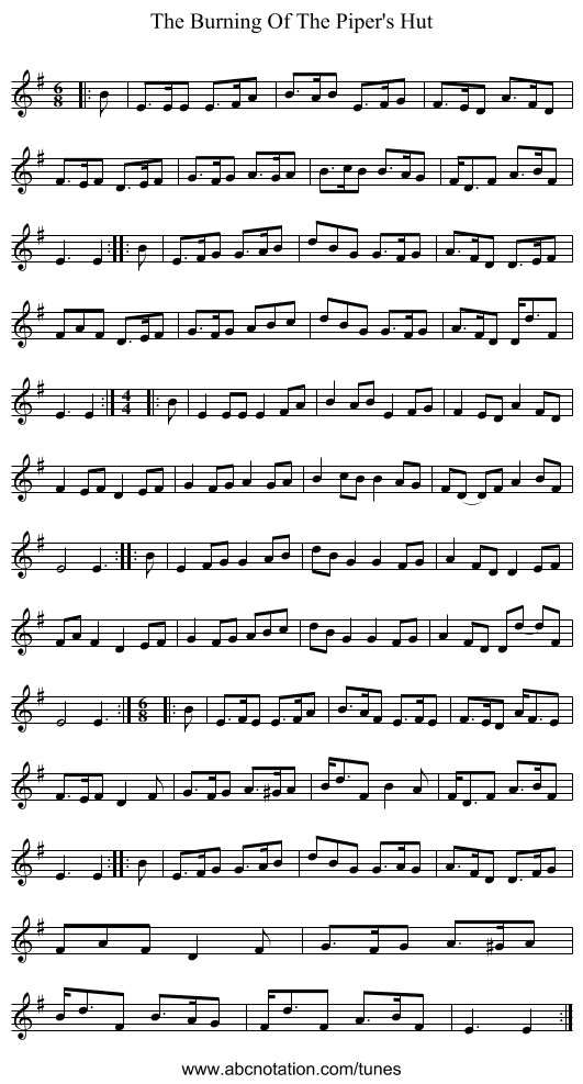 The Burning Of The Piper's Hut - staff notation