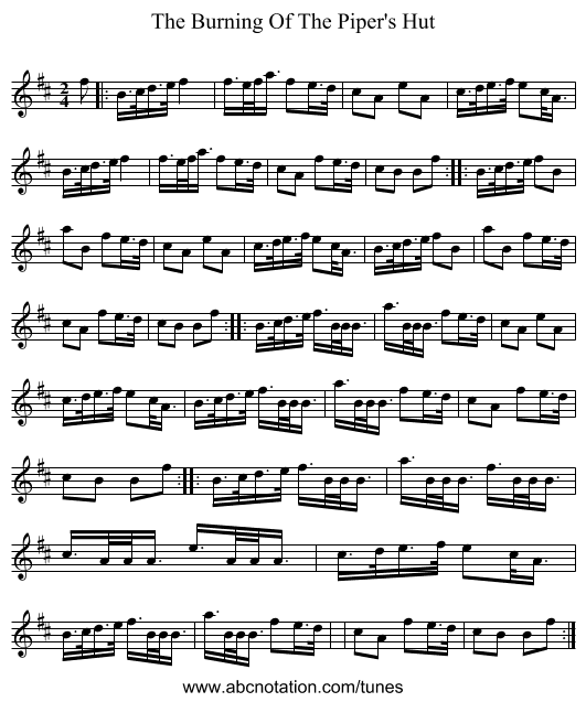The Burning Of The Piper's Hut - staff notation