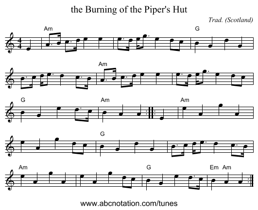 the Burning of the Piper's Hut - staff notation