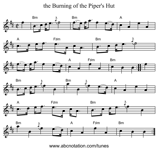 the Burning of the Piper's Hut - staff notation