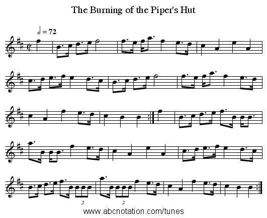 The Burning of the Piper's Hut - staff notation