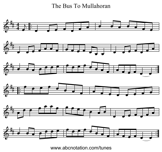 The Bus To Mullahoran - staff notation