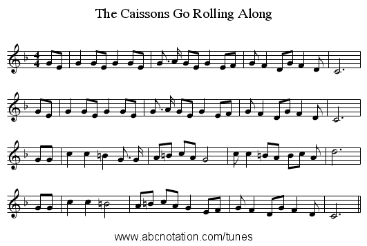 The Caissons Go Rolling Along - staff notation