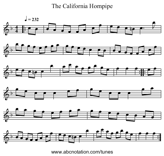 The California Hornpipe - staff notation