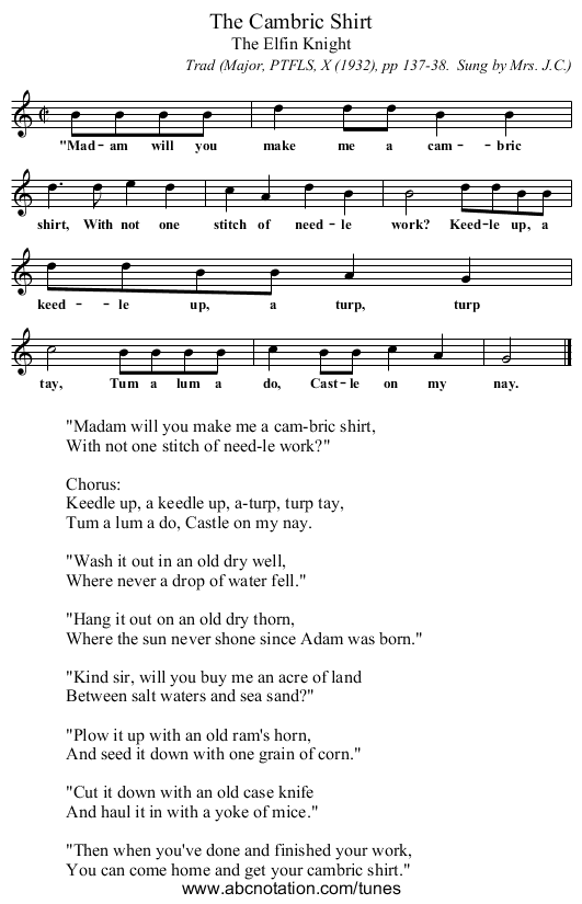 The Cambric Shirt - staff notation