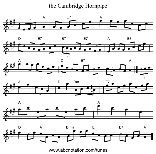 the Cambridge Hornpipe - staff notation