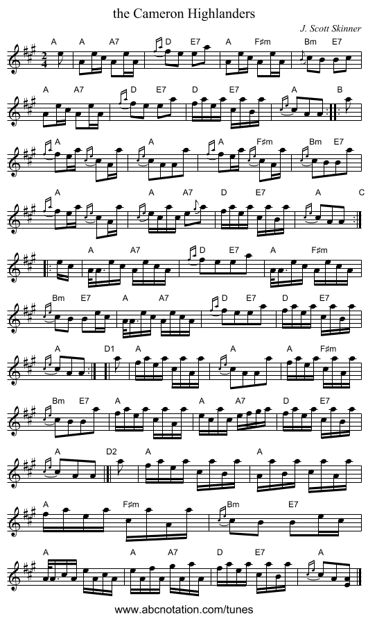 the Cameron Highlanders - staff notation