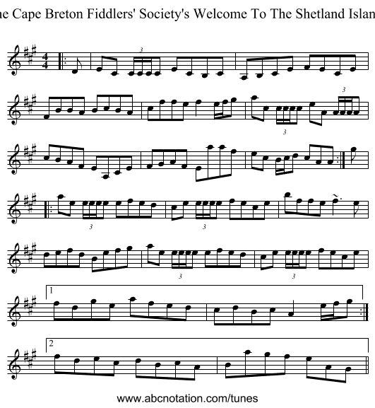 The Cape Breton Fiddlers' Society's Welcome To The Shetland Islands - staff notation