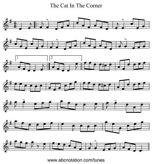 The Cat In The Corner - staff notation