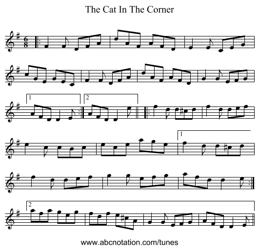 The Cat In The Corner - staff notation