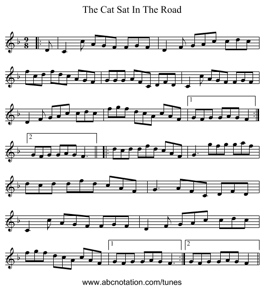 The Cat Sat In The Road - staff notation