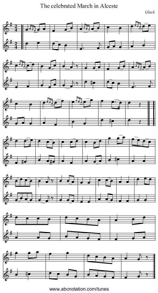 The celebrated March in Alceste - staff notation