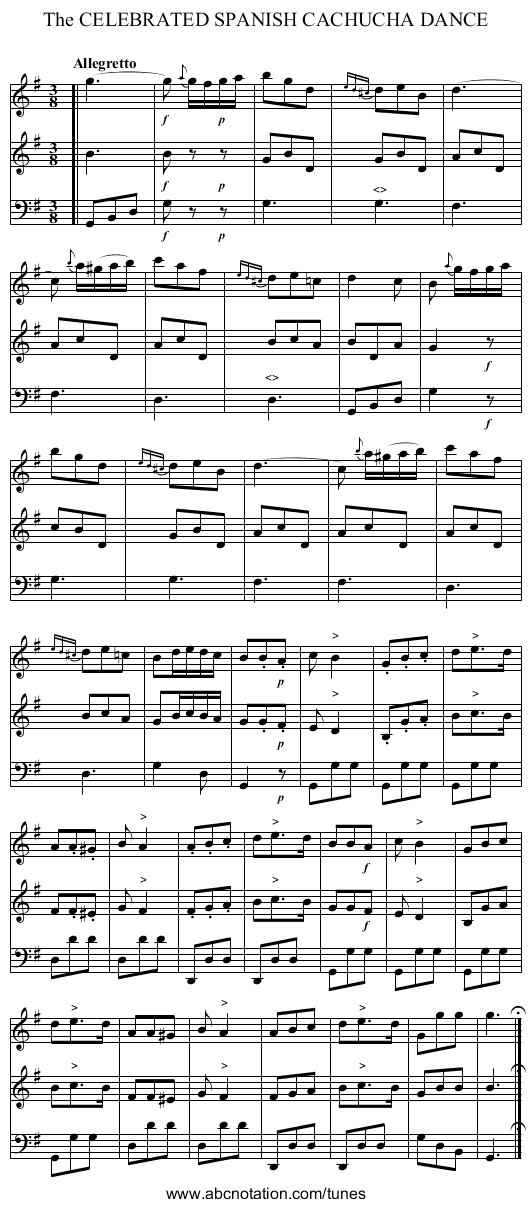 The CELEBRATED SPANISH CACHUCHA DANCE - staff notation