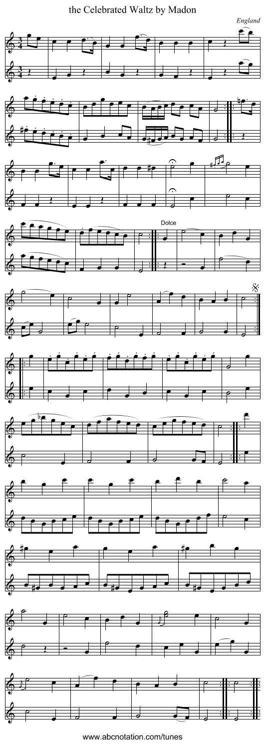 the Celebrated Waltz by Madon - staff notation