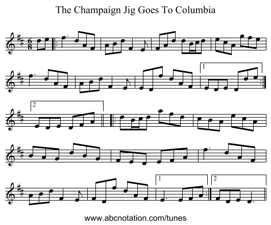 The Champaign Jig Goes To Columbia - staff notation