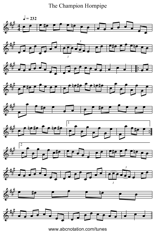 The Champion Hornpipe - staff notation