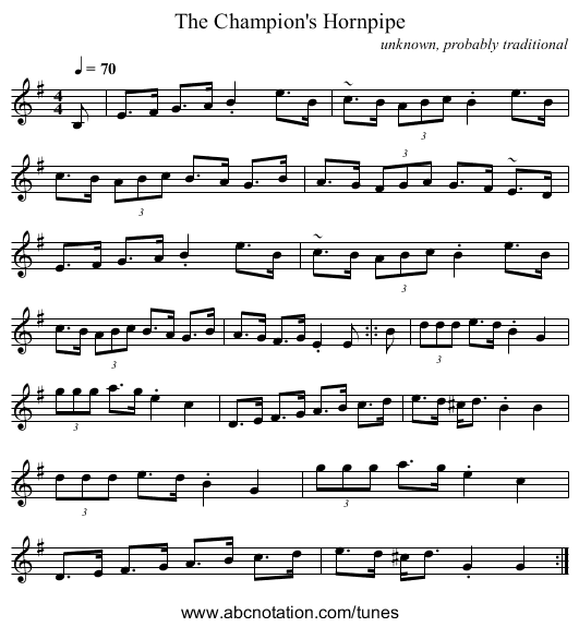 The Champion's Hornpipe - staff notation