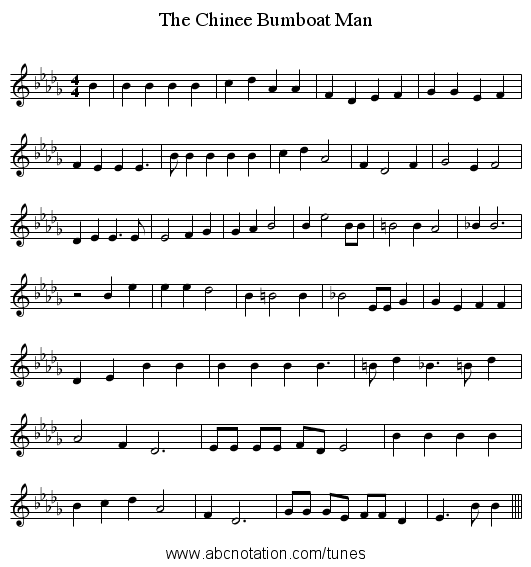 The Chinee Bumboat Man - staff notation