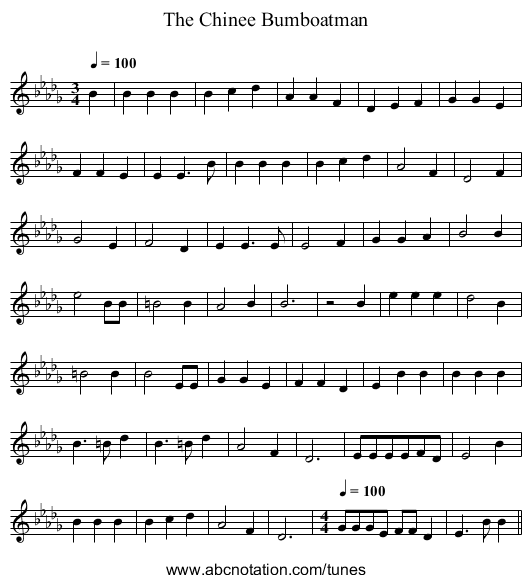 The Chinee Bumboatman - staff notation