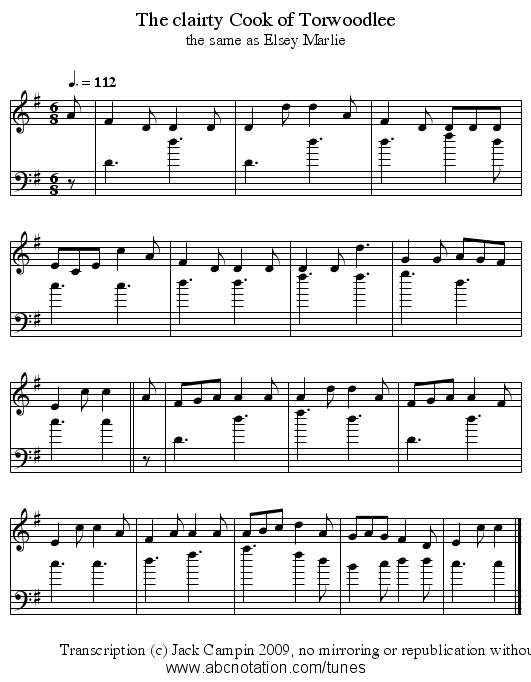 The clairty Cook of Torwoodlee - staff notation