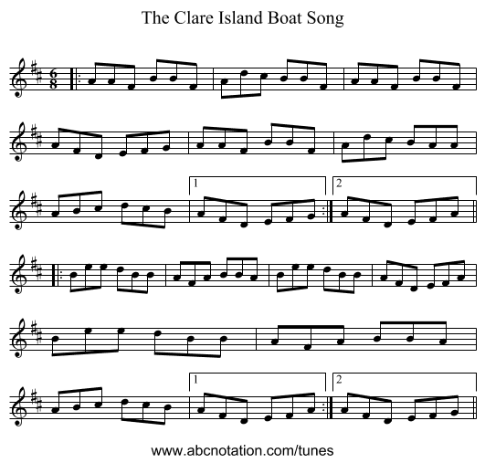 The Clare Island Boat Song - staff notation