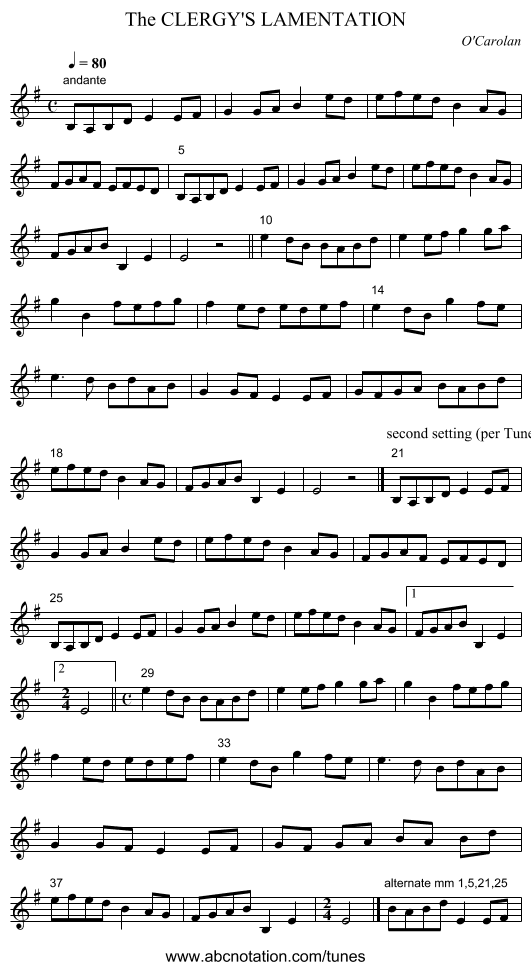 The CLERGY'S LAMENTATION - staff notation