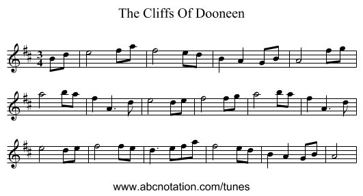 The Cliffs Of Dooneen - staff notation
