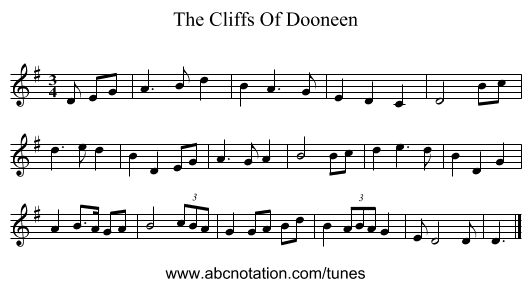 The Cliffs Of Dooneen - staff notation
