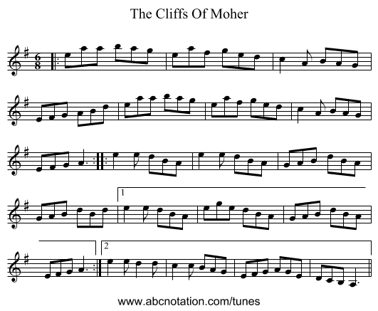 The Cliffs Of Moher - staff notation